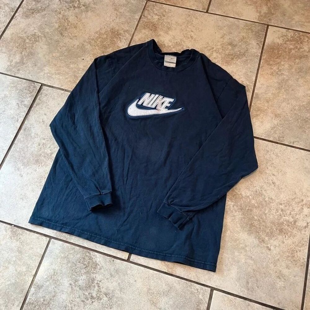 Vintage Nike Y2K Center Logo Long Sleeve Shirt Navy Blue Size M